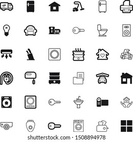 home vector icon set such as: pan, drum, solution, film, atmosphere, comfortable, decorative, curve, lightbulb, floor, sweet, meat, moving, new, window, loud, movie, color, front, switch, cushion