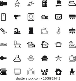home vector icon set such as: cover, blowdryer, cook, burning, sale, connect, armchair, balance, label, freeze, worker, housework, stamp, clothing, split, laptop, roast, mop, socket, energy, folded