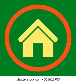 Home vector icon. This rounded flat symbol is drawn with orange and yellow colors on a green background.