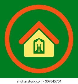 Home vector icon. This rounded flat symbol is drawn with orange and yellow colors on a green background.