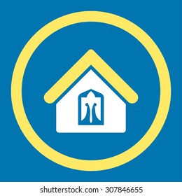 Home vector icon. This rounded flat symbol is drawn with yellow and white colors on a blue background.