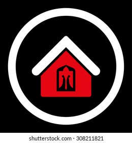 Home vector icon. This rounded flat symbol is drawn with red and white colors on a black background.
