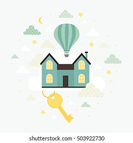 Home. Vector illustration with cute house. Dream