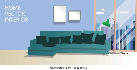Home vector interior with big room and green sofa