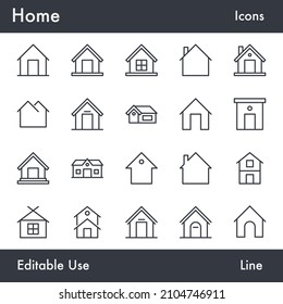 Home vector line icon set. Contains linear outline icons like House, Roof, Residential, Cottage, Real Estate, Dwelling. Editable use and stroke for Infographic, Web, Print.