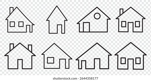 Home vector line icon set. Contains linear outline icons like House, Roof, Residential, Cottage, Real Estate, Dwelling. Editable use and stroke for Infographic, Web, Print.