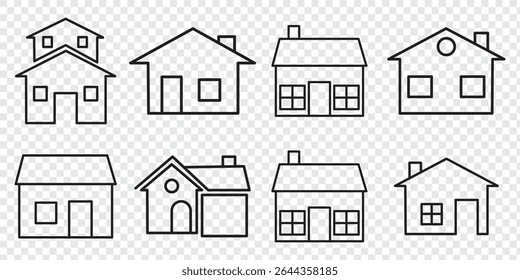 Conjunto de ícones de linha de vetor inicial. Contém lineares ícones de contorno como Casa, Telhado, Residencial, Casa de campo, Imóveis, Moradia. Uso editável e traçado para Infográfico, Web, Imprimir.