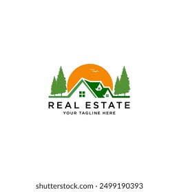 Home vector logo template with pine trees and sun background