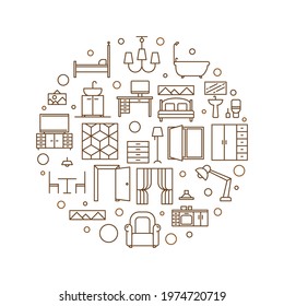 Home vector round Furniture and Interior Design concept outline illustration or banner