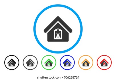 Home vector rounded icon. Image style is a flat gray icon symbol inside a blue circle. Bonus color variants are gray, black, blue, green, red, orange.