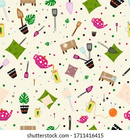 Сozy home vector seamless pattern in flat style in a comfortable art atmosphere with objects: teapot, shovels for the kitchen, sofa pillows, knitting,  flower pot,
all mixed up with use assignment.