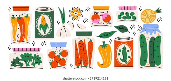 Casa frascos de preservação de vegetais em estilo retro cartoon. Cenouras, pepinos e pimentões armazenados em recipientes de vidro, aconchegante clima de comida caseira, ideias simples de armazenamento de cozinha, tradicional decapagem e processo de enlatamento, ingredientes saudáveis todos os dias preparados para uso a longo prazo