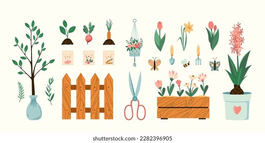 Home vegetables gardening hobby illustrations set. Vector plants, flowers, and garden tools spring seasonal flat style collection. Isolated