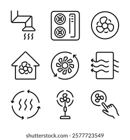 Home ventilation system vector icons set. Ventilation outline icons collection. Includes air conditioner, air dryer, air duct, cooling fan, exhaust fan, and More.