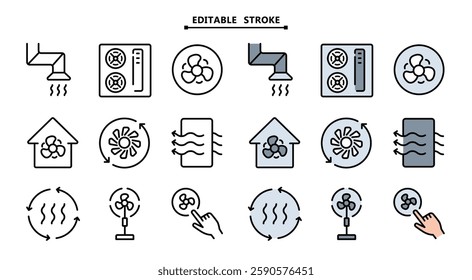 Home ventilation system vector icons set. Editable stroke. Ventilation color icons collection. Includes air conditioner, air dryer, air duct, cooling fan, exhaust fan, and More.