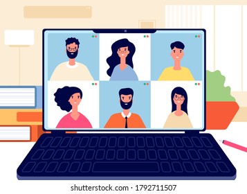 Home Video Call. Online Work Conference, Virtual Class Or Team. Remote Meeting Digital Business Chat. Internet Education Vector Illustration