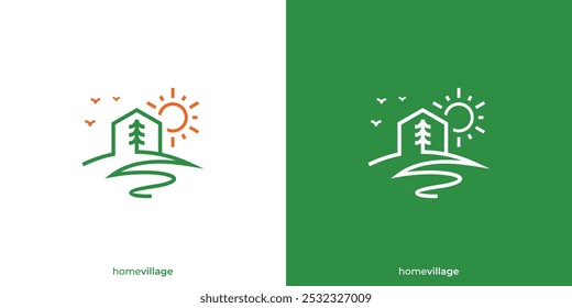 Logotipo Home Village. Casa, Casa e Vale, Pinheiro com Estilo de Contorno Lineart. Logotipo da casa da natureza, ícone, símbolo, vetor, inspiração do projeto.