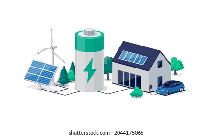 Home virtual battery energy storage with house photovoltaic solar panels plant, wind and rechargeable li-ion electricity backup. Electric car charging on renewable smart power island off-grid system. - Shutterstock ID 2044175066