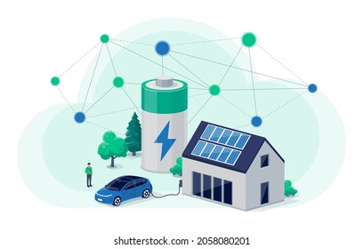 Home Virtual Battery Energy Storage With House Photovoltaic Solar Panels On Roof And Rechargeable Li-ion Electricity Backup. Electric Car Charging On Renewable Smart Power Network Grid Cloud System.