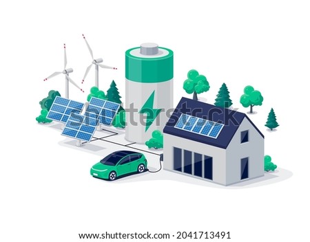 Home virtual battery energy storage with house photovoltaic solar panels plant, wind and rechargeable li-ion electricity backup. Electric car charging on renewable smart power island off-grid system.