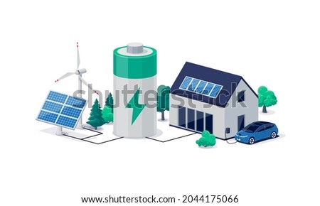 Home virtual battery energy storage with house photovoltaic solar panels plant, wind and rechargeable li-ion electricity backup. Electric car charging on renewable smart power island off-grid system.