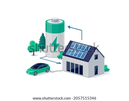 Home virtual battery energy storage with house photovoltaic solar panels on roof and rechargeable li-ion electricity backup. Electric car charging on renewable smart power island off-grid system.