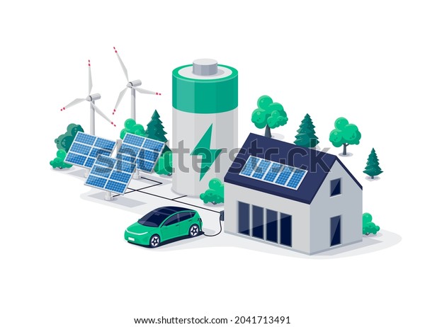 Home virtual battery energy storage with house
photovoltaic solar panels plant, wind and rechargeable li-ion
electricity backup. Electric car charging on renewable smart power
island off-grid system.
