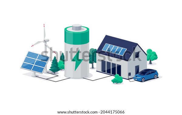 Home virtual battery energy storage with house\
photovoltaic solar panels plant, wind and rechargeable li-ion\
electricity backup. Electric car charging on renewable smart power\
island off-grid system.