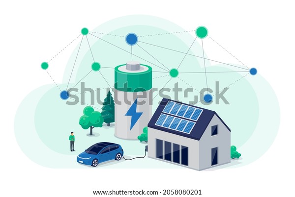 Home virtual battery energy storage with house\
photovoltaic solar panels on roof and rechargeable li-ion\
electricity backup. Electric car charging on renewable smart power\
network grid cloud\
system.