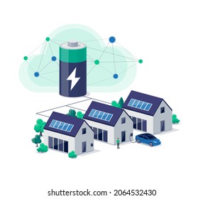 Almacenamiento de energía de baterías de centrales de energía virtual en casa con paneles solares fotovoltaicos en el techo y respaldo de electricidad de li-ion recargable. Cargador eléctrico de coches en un sistema de isla inteligente renovable fuera de la red