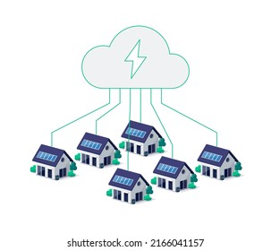 Home Virtual Power Plant Battery Energy Storage With Residential House Photovoltaic Solar Panels On Roof And Rechargeable Li-ion Electricity Backup. Renewable Smart Cloud Management Off-grid System. 
