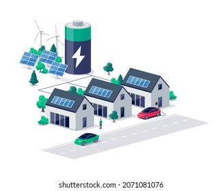 Home virtual renewable sustainable power plant battery energy storage with house photovoltaic solar panels and rechargeable li-ion electricity backup. Electric car charging on smart off-grid system.