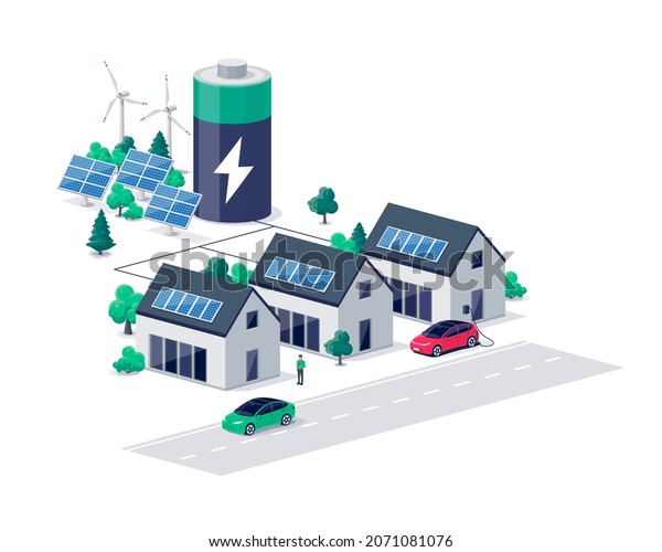 Home virtual renewable sustainable power plant
battery energy storage with house photovoltaic solar panels and
rechargeable li-ion electricity backup. Electric car charging on
smart off-grid system.