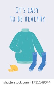 Home virus infection and flu disease treatment informative banner or card with warm clothes and lemon, flat vector illustration isolated on blue background.