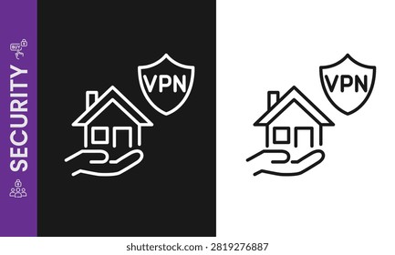 Home VPN Security Shield with Hand Vector Icon, Smart House Secure Network Connection Linear Outline Symbol, Protection Line Art Graphic.
