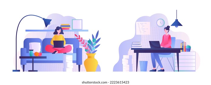 Home vs office. Woman sitting in comfortable apartment and young girl is at workplace. Comparison of freelancer, remote worker with manager. Poster or banner. Cartoon flat vector illustration