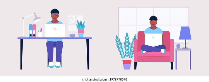 Home vs office working. Workflow set. Young man works with a laptop. Freelancer. Communication in social networks, mail, online meeting, video call. Vector illustration in a flat style