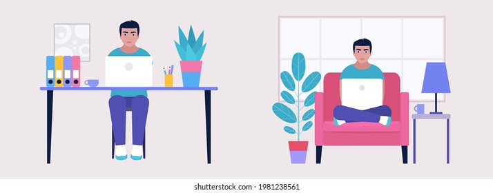 Home vs office working. Workflow set. Young man works with a laptop. Freelancer. Communication in social networks, mail, online meeting, video call. Vector illustration in a flat style