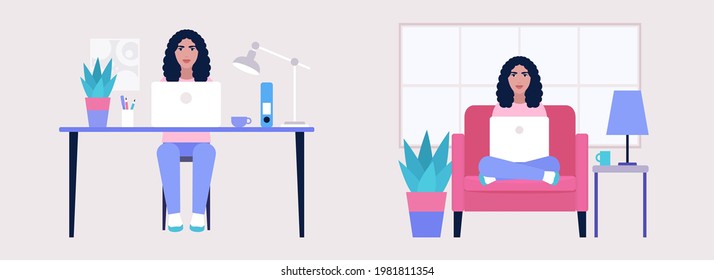Home vs office working. Workflow set. Young woman works with a laptop. Freelancer. Communication in social networks, mail, online meeting, video call. Vector illustration in a flat style