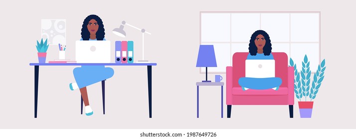 Home vs office working. Workflow set. Young woman works with a laptop. Freelancer. Communication in social networks, mail, online meeting, video call. Vector illustration in a flat style