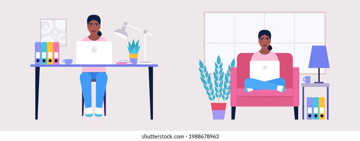 Home vs office working. Workflow set. Young woman works with a laptop. Freelancer. Communication in social networks, mail, online meeting, video call. Vector illustration in a flat style