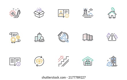 Home, Warning and Stairs line icons for website, printing. Collection of Technical info, Technical algorithm, Return parcel icons. Engineering, Buildings, Brush web elements. Open box. Vector
