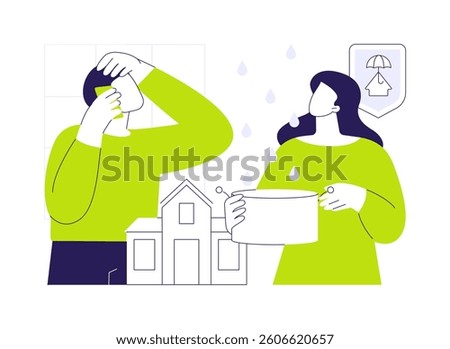 Home warranty abstract concept vector illustration. Young couple worried about leaking roof in new home, people calling for inspection service, home warranty coverage abstract metaphor.