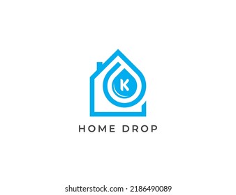 Home and Water Drop Logo Concept sign icon symbol Design Line Art Style with Letter K. Droplet Logotype. Vector illustration template