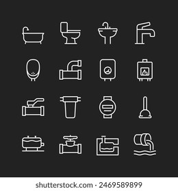 Home water piping icons, white on black background. Sewerage, facilities for water use, cleaning, draining. Sewer systems. Customizable line thickness