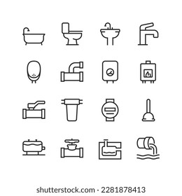 Home water piping, linear style icons set. Sewerage, facilities for water use. Use, cleaning and draining of water. Sewer. Effluent sewer. Editable stroke width