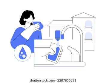 Ilustración vectorial abstracta del purificador de agua del hogar. La persona recoge un vaso de agua limpia de la grúa, ambiente ecológico, purificación de bebidas en el hogar, metáfora abstracta de atención de salud.