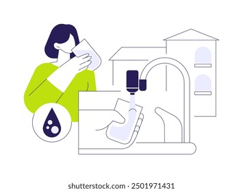 Home water purifier abstract concept vector illustration. Person picks up a glass of clean water from the crane, ecology environment, home beverage purification, health care abstract metaphor.