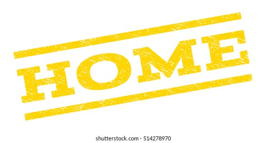 Home watermark stamp. Text tag between parallel lines with grunge design style. Rubber seal stamp with unclean texture. Vector yellow color ink imprint on a white background.