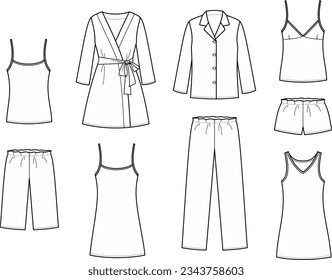 Home wear flat sketch. Bathrobe dressing gown, pajamas, pants, top, shorts, dress design. Women CAD mockup. Technical drawing. Vector illustration.